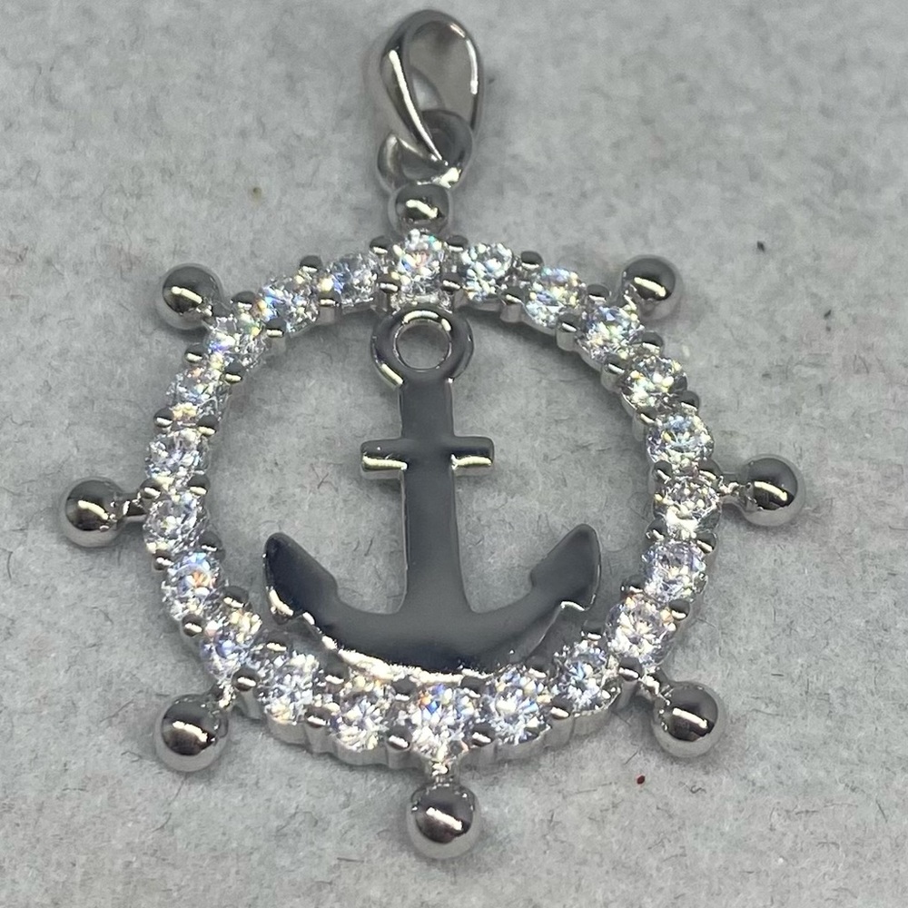 Sterling Silver Ships Wheel with Anchor Pendant with Cubic Zirconia
